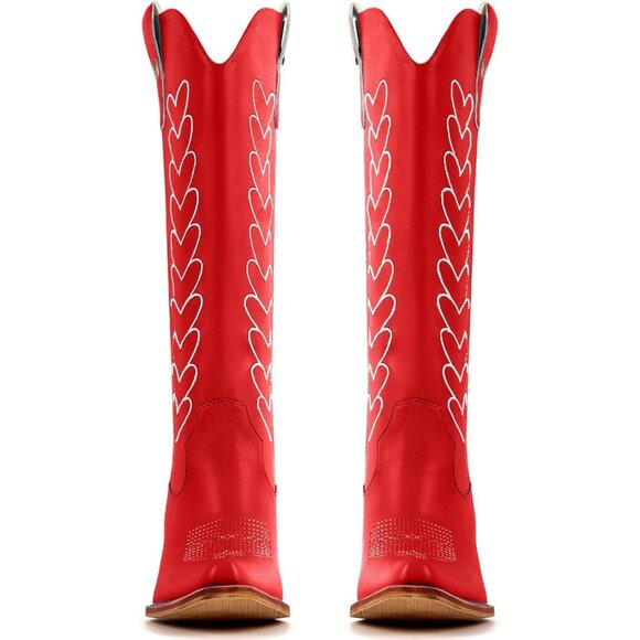 Women's Red Hearts Cute Embroidery Chunky Knee Block High Heel Western Boots - Picture 3 of 4